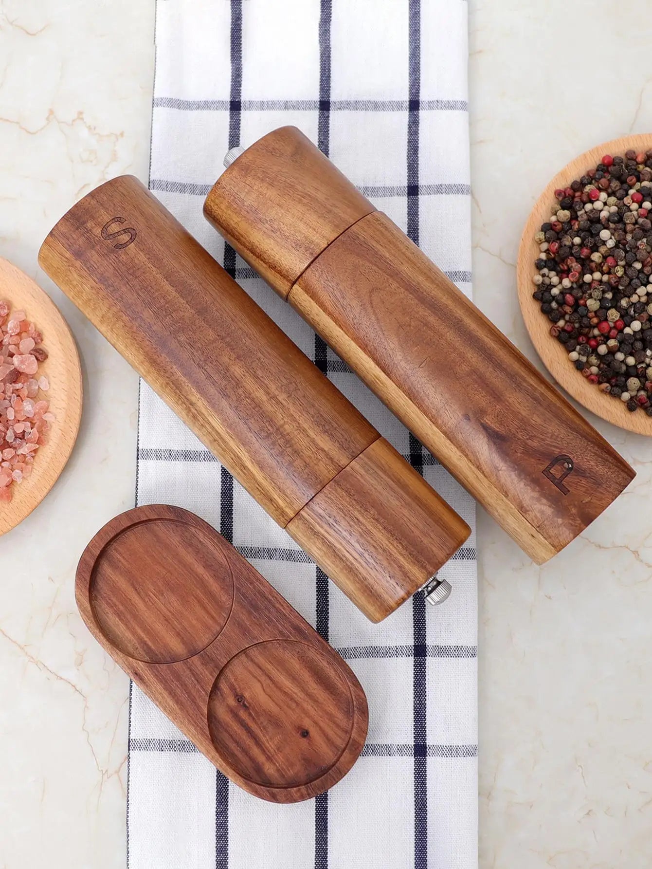 Leeseph Luxe | Elegante Houten Zout- en Pepermolenset met Dienblad