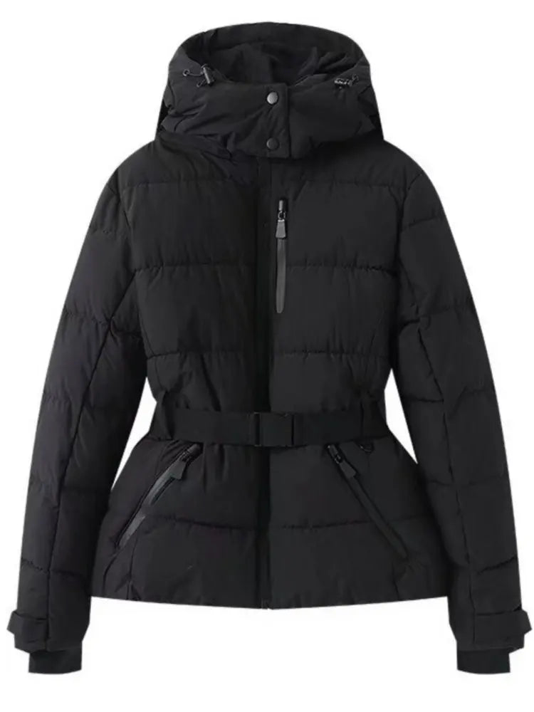 Visconte Dames Winterparka – Gewatteerde Parka met Capuchon, Hoge Taille, Winddicht, Warme Winterjas met Riem, Zwart
