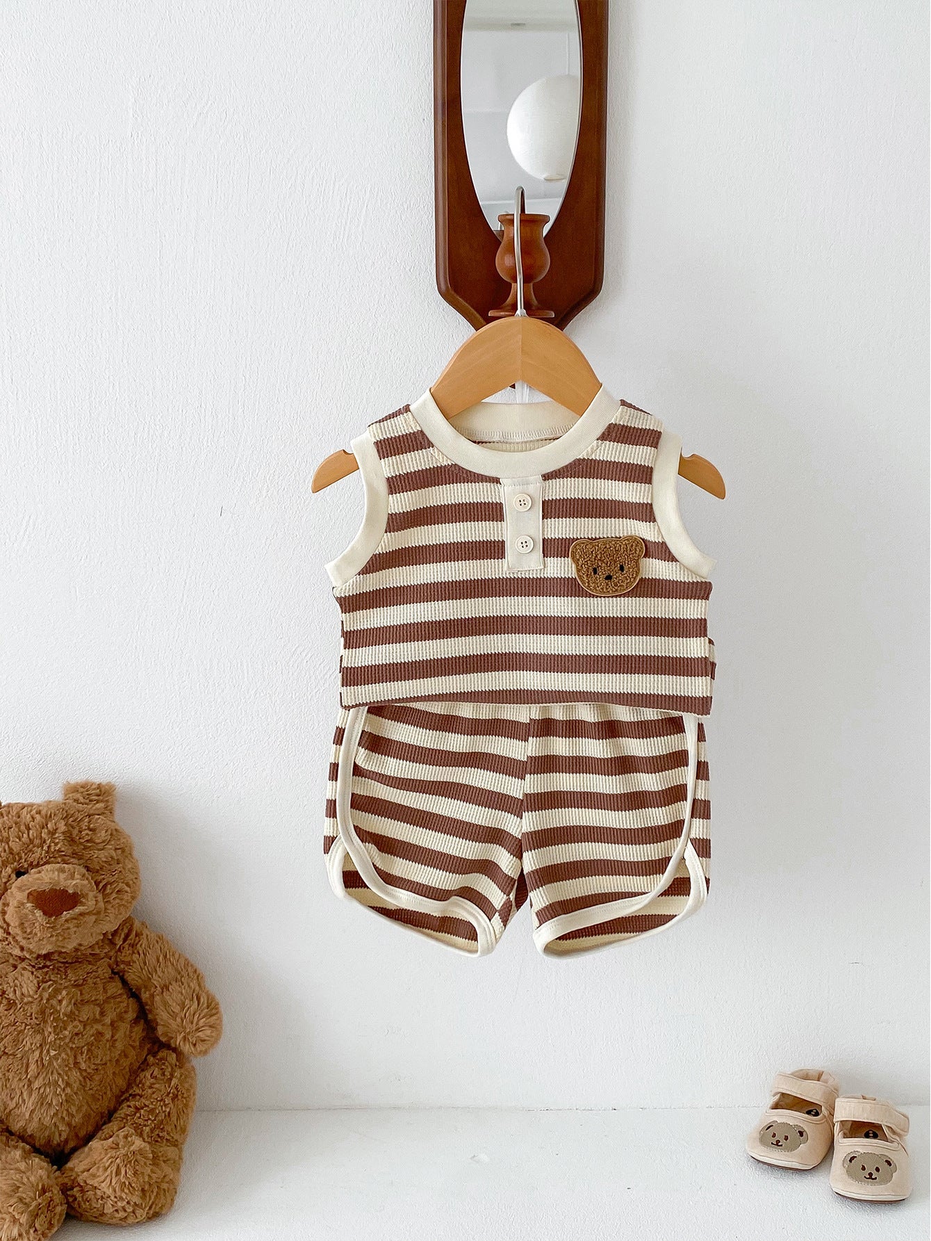 Gestreepte Zomerset Hemd en Short met Beer - Baby Peuter, Bruin/Zwart/Rood/Grijs, Maat 0-3 Jaar