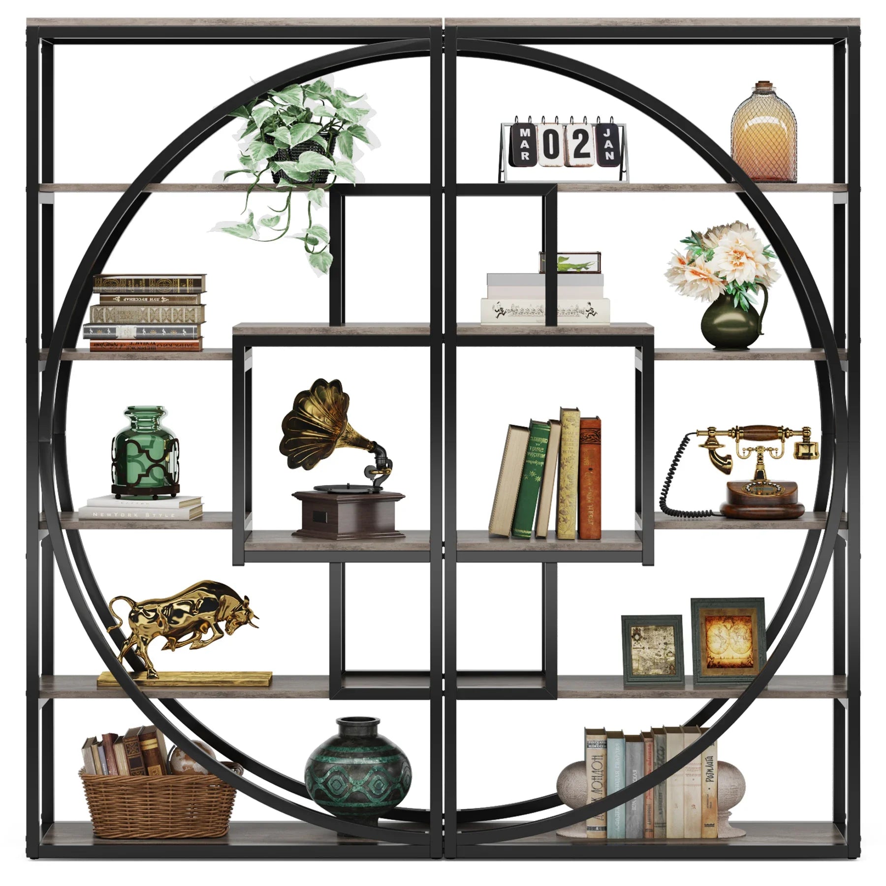 Oakford Industrieel Boekenrek 5-Laags 70.8 Inch Hoog | Boekenrek | Vintage Grijs Boekenkast met 8 Open Opslagvakken