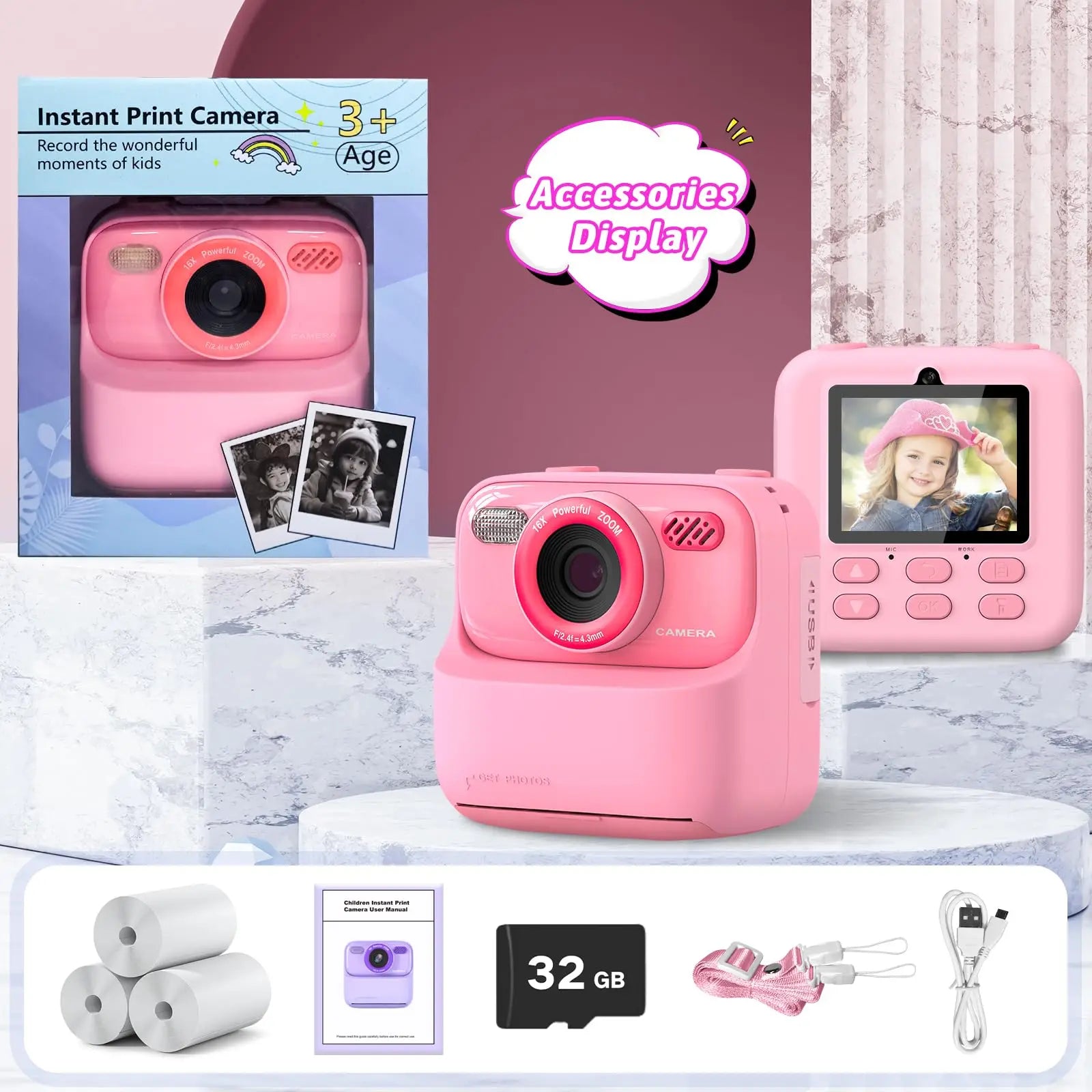 Kids Instant Camera - 1080P HD Selfie Digitale Camera Met 32G Print | Kerst- en Verjaardagscadeau