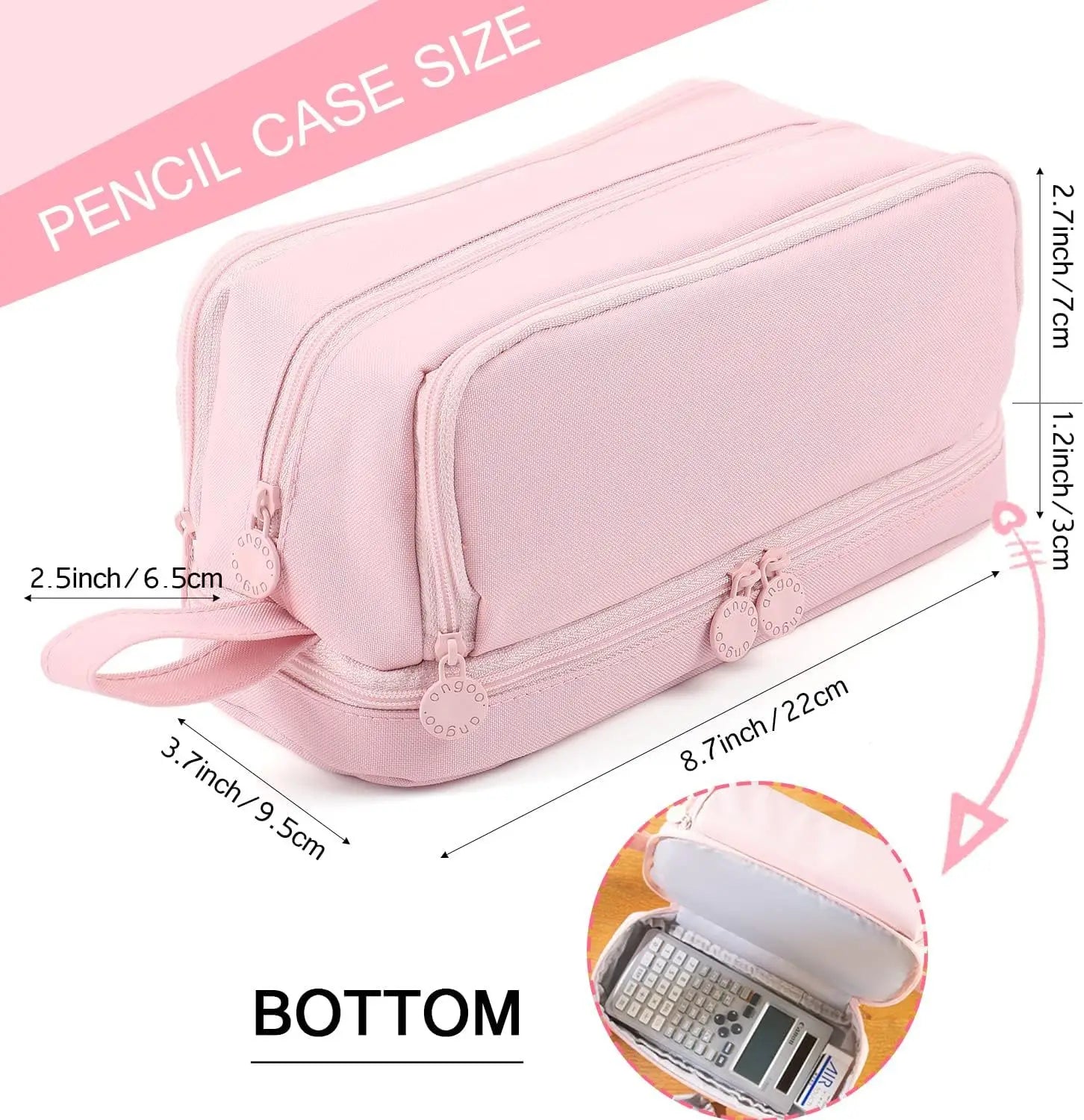 Zwarte canvas pennenzak met liniaalvak | Pennenzak | Dubbele laag etui voor schoolgebruik