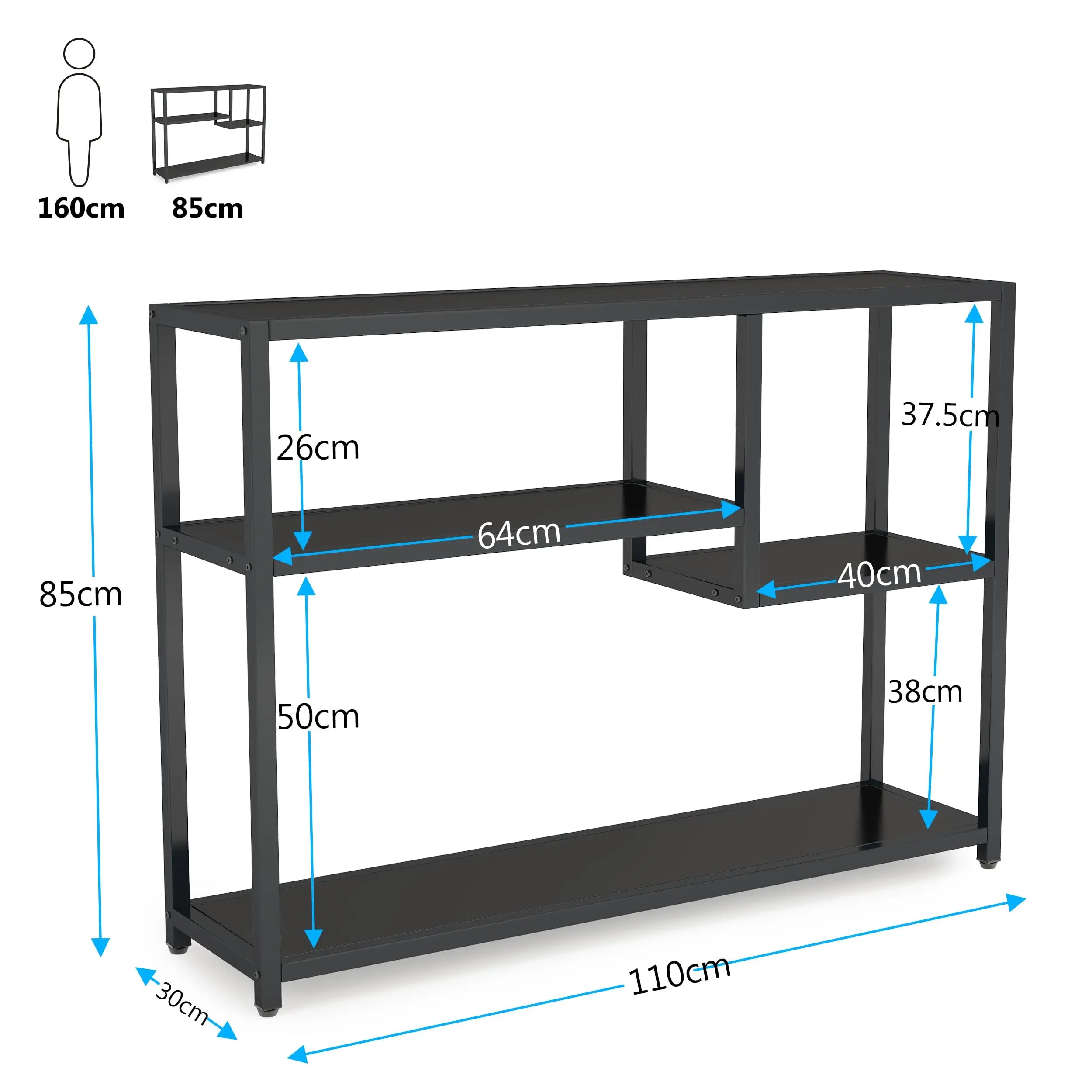 Zwarte Consoletafel – 4-Lagen Opbergrek, Industrieel Design, Voor Hal, Woonkamer of Achter de Bank