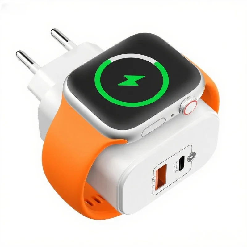 PowerTrio | 3-in-1 draadloze oplader | 3-in-1 Draadloze Oplader voor iPhone Apple Watch – PD20W Snellader met USB-C en USB-A Poort, Compact Reis Oplaadstation