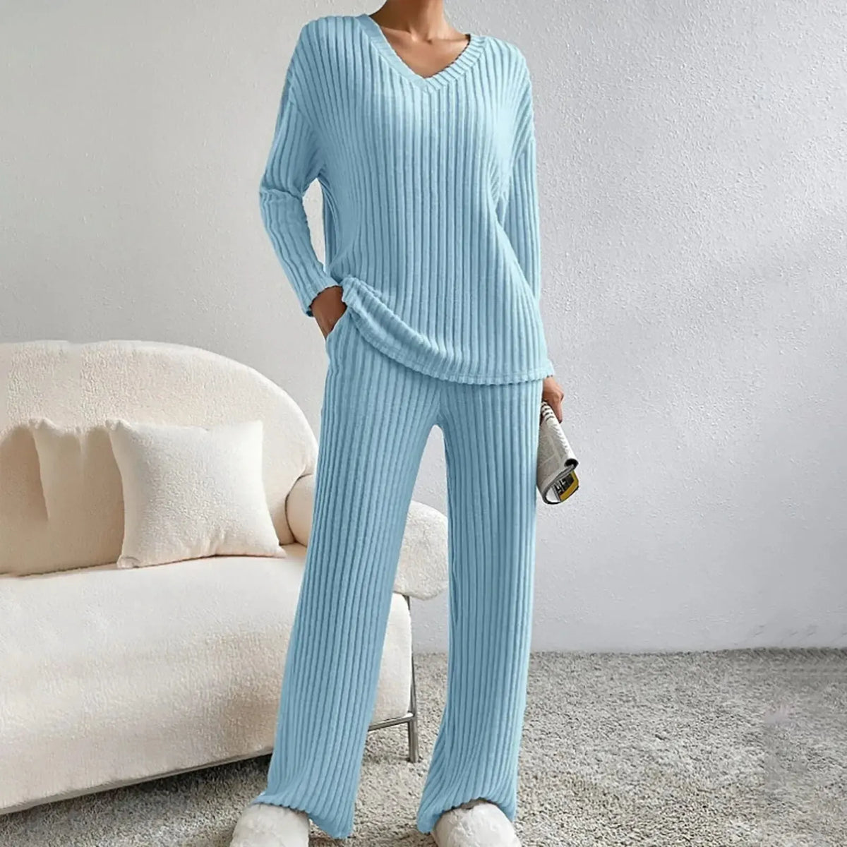 Lounara Gebreide Tweedelige Set Dames - Zachte Trui met Bijpassende Broek en Elastische Taille - Warme Loungewear Set voor Thuis in 7 Kleuren