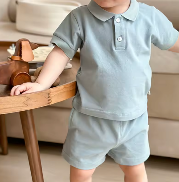 Zomerset Polo met Korte Broek - Beau Jongens, Blauw/Beige/Groen, Katoen, Maat 0-5 Jaar