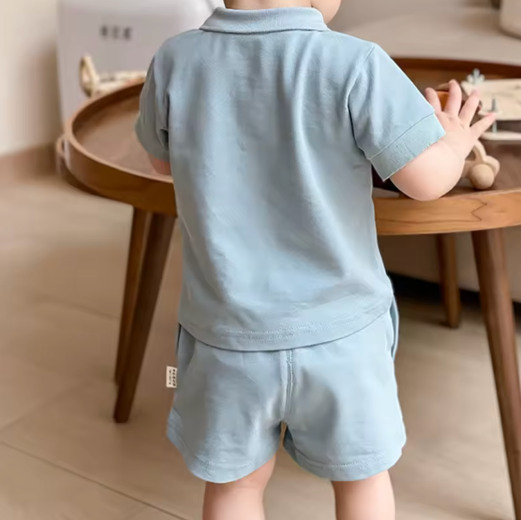 Zomerset Polo met Korte Broek - Beau Jongens, Blauw/Beige/Groen, Katoen, Maat 0-5 Jaar