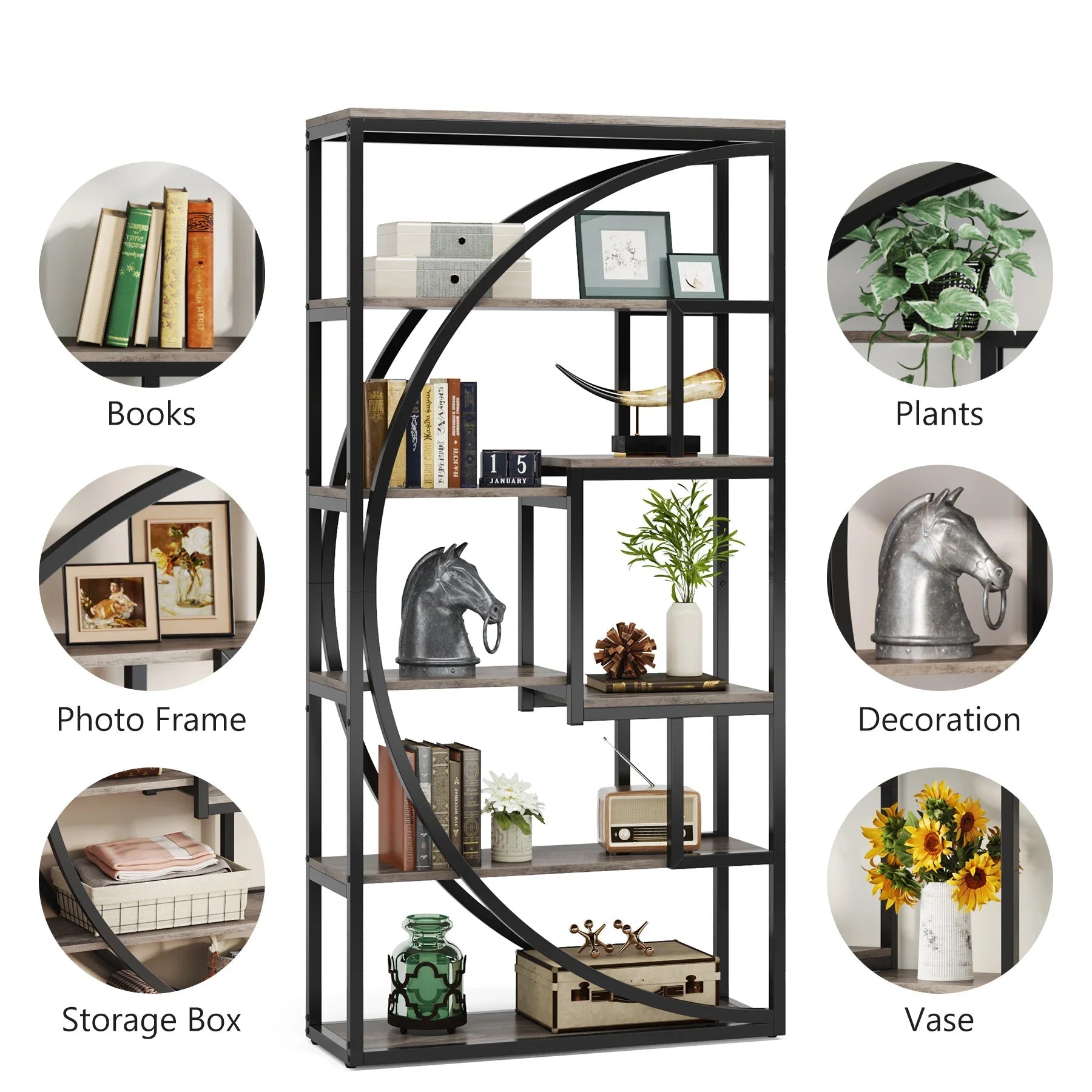 Oakford Industrieel Boekenrek 5-Laags 70.8 Inch Hoog | Boekenrek | Vintage Grijs Boekenkast met 8 Open Opslagvakken