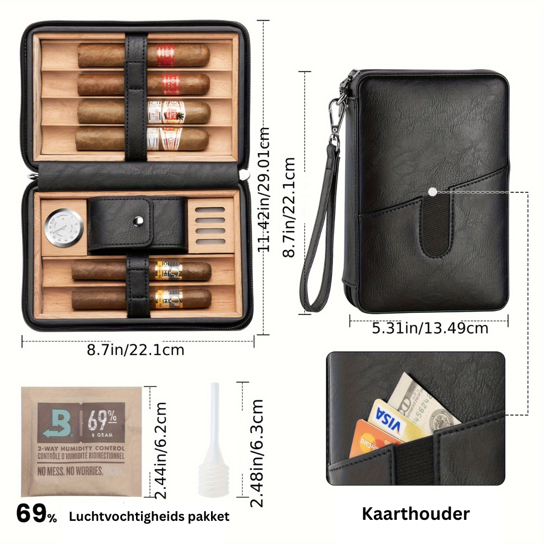 6-delige sigaren humidor set van leer | Sigarenaccessoire | Luxe reisetui met hygrometer en bevochtiger voor sigarenliefhebbers