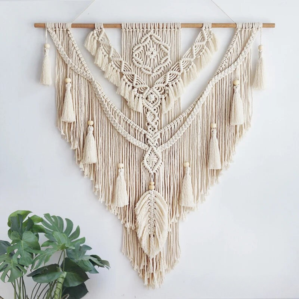 BohoWoven - scandinavisch boho macramé wandhanger | Scandinavische Boho Macramé Wandhanger 75x95cm | Handgemaakt | Wanddecoratie voor Woonkamer & Slaapkamer | Decoratief Design | Elegante Wandversiering | Kleur Beige Geel