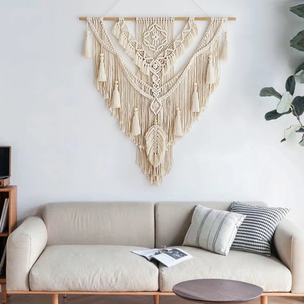BohoWoven - scandinavisch boho macramé wandhanger | Scandinavische Boho Macramé Wandhanger 75x95cm | Handgemaakt | Wanddecoratie voor Woonkamer & Slaapkamer | Decoratief Design | Elegante Wandversiering | Kleur Beige Geel