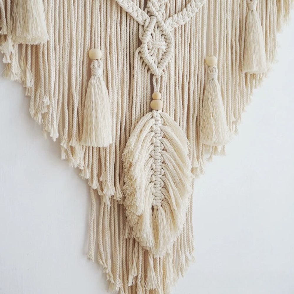 BohoWoven - scandinavisch boho macramé wandhanger | Scandinavische Boho Macramé Wandhanger 75x95cm | Handgemaakt | Wanddecoratie voor Woonkamer & Slaapkamer | Decoratief Design | Elegante Wandversiering | Kleur Beige Geel