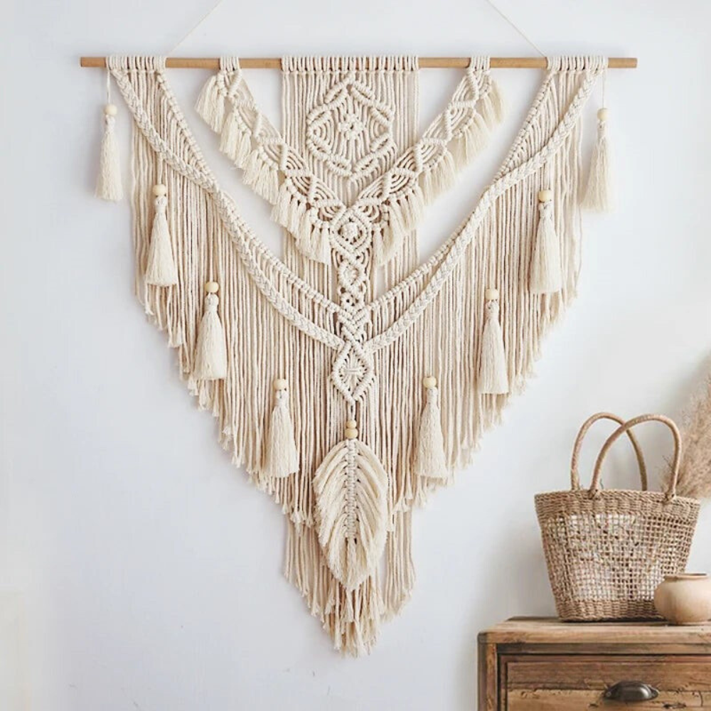 BohoWoven - scandinavisch boho macramé wandhanger | Scandinavische Boho Macramé Wandhanger 75x95cm | Handgemaakt | Wanddecoratie voor Woonkamer & Slaapkamer | Decoratief Design | Elegante Wandversiering | Kleur Beige Geel