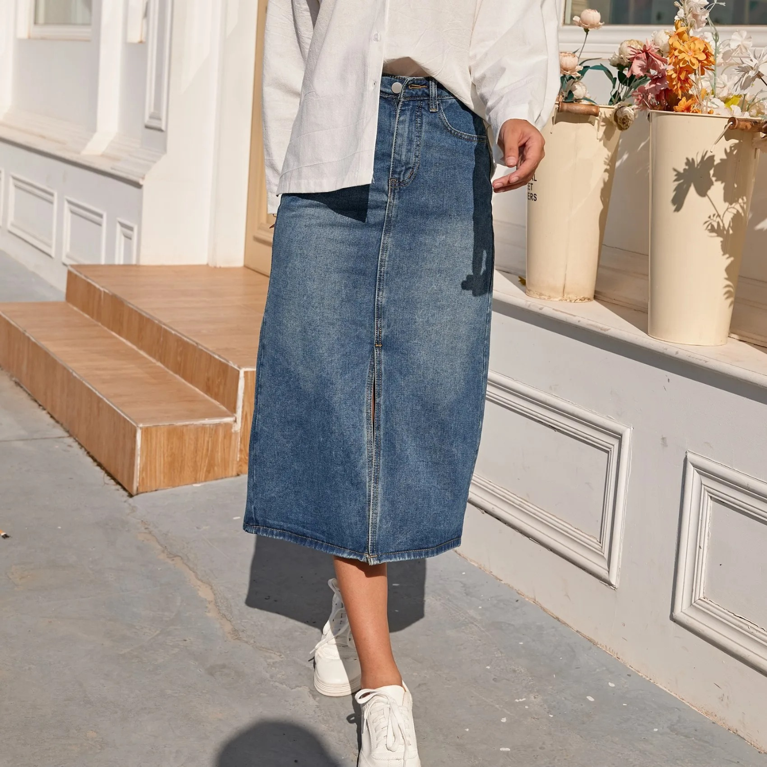 Jasina | Hoge taille vintage split blauwe lange denim Rok
