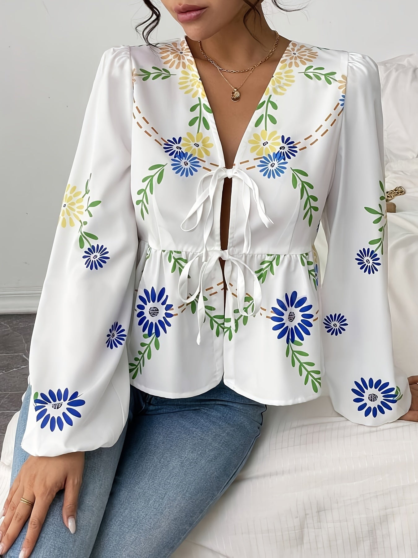 Floral Print V-Neck met Lantern Sleeves Dames Blouse | Duurzaam - Must-Have - Stijlvol & Comfortabel - Lente/Zomer/Herfst