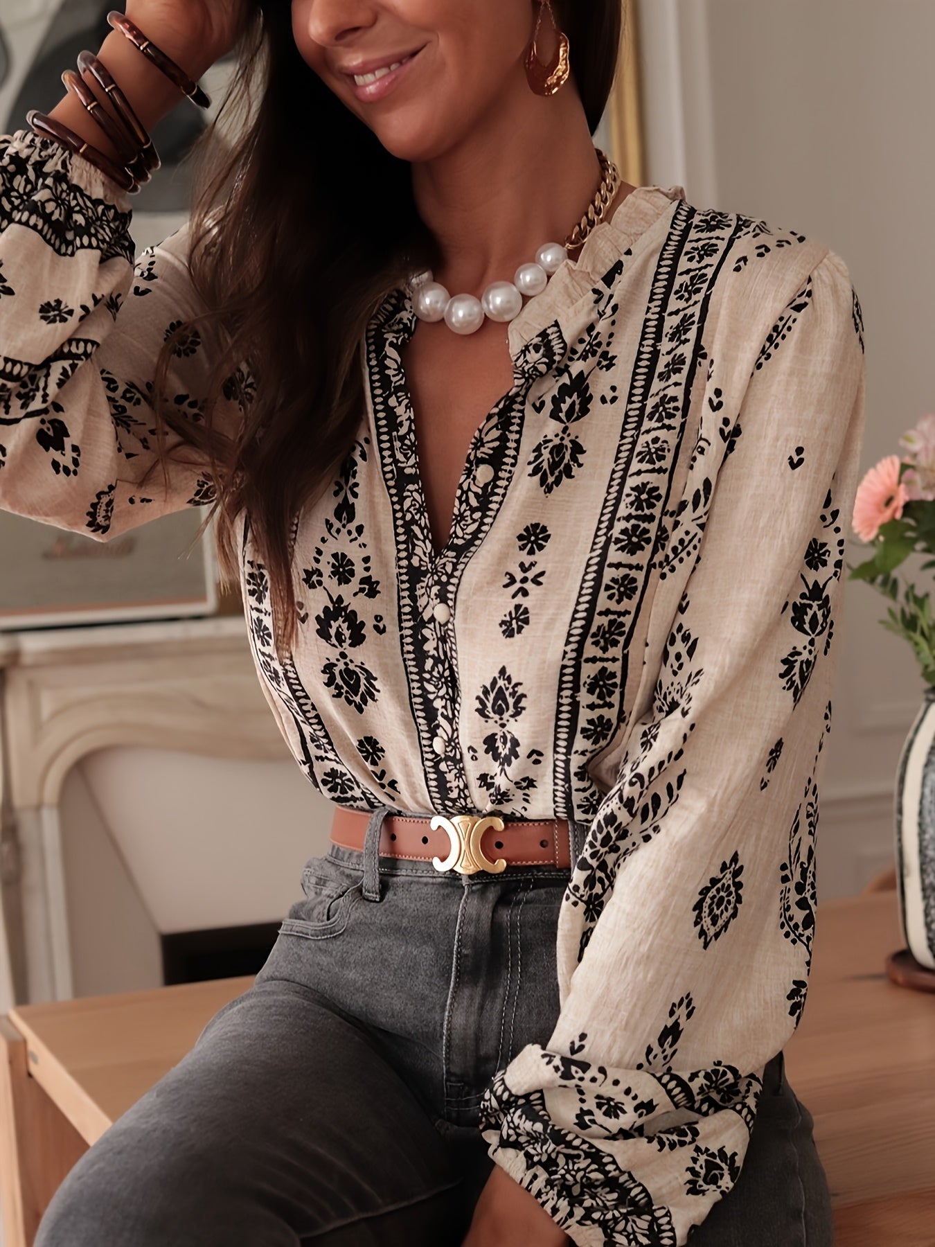 Beige printed Dames Blouse | Duurzaam - Must-Have - Stijlvol & Comfortabel - Lente/Zomer/Herfst