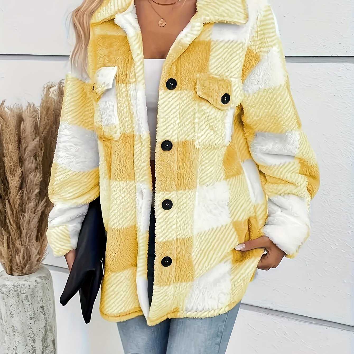 Visconte Dames Winterjas – Checkered Plush Coat met Hoge Elasticiteit, Machine-Wasbaar, Warme Jas voor Herfst & Winter