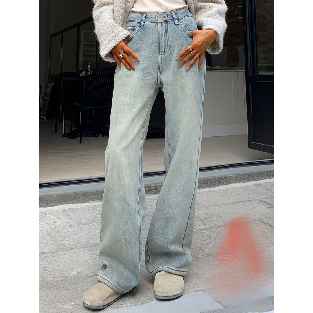 Vintage Denim Loose Fit Jeans Dames | Wijde pijpen | Elastisch design - Modern en tijdloos - Ideaal voor dagelijks gebruik - Fleece Voering