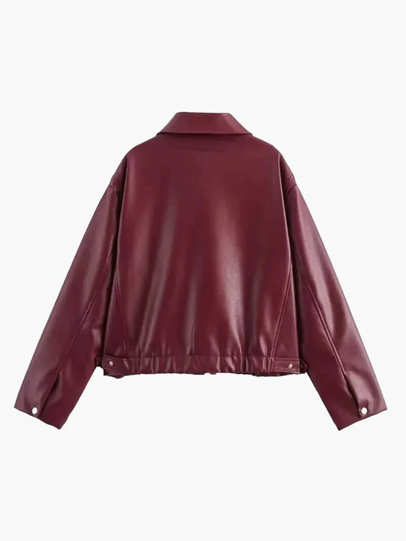 Vellora Kort Damesjack van Imitatieleer - Bordeauxrood Jasje met Rits, Kraag en Losse Pasvorm - Stoere Leren Look Jas voor Dames