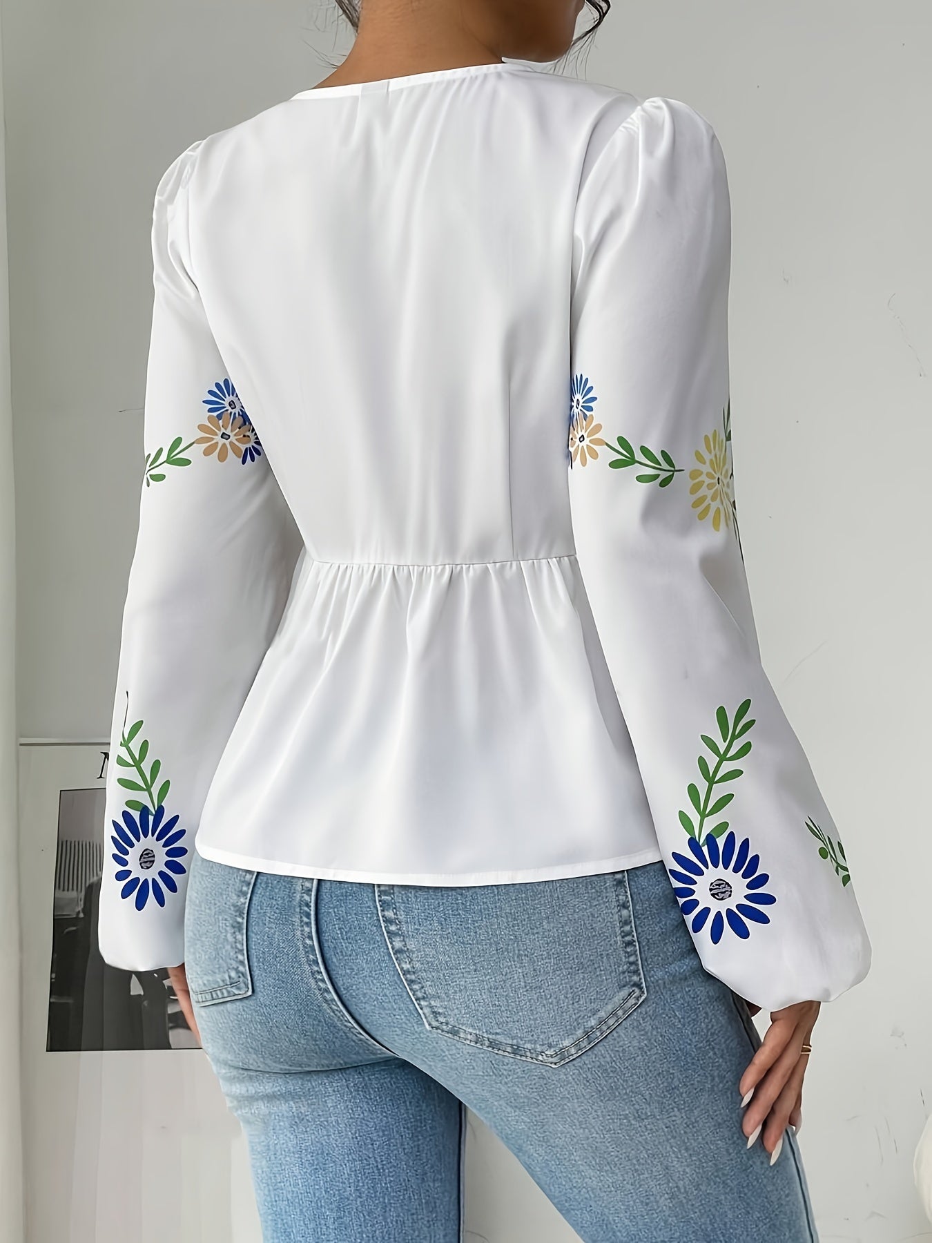 Floral Print V-Neck met Lantern Sleeves Dames Blouse | Duurzaam - Must-Have - Stijlvol & Comfortabel - Lente/Zomer/Herfst