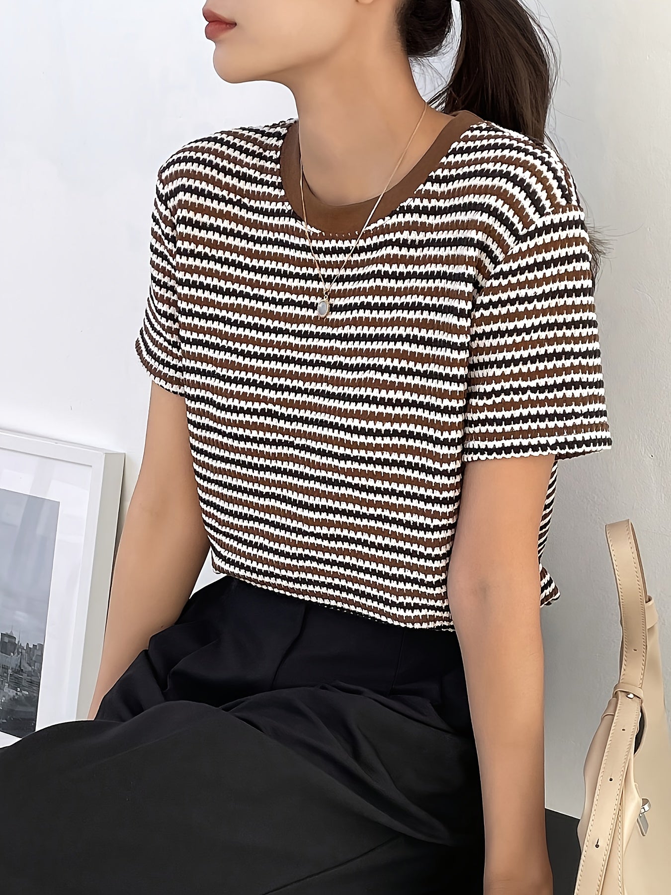 Casual Gewatteerde Dames Blouse | Beige Geometrisch - Met Rits en Ronde Hals