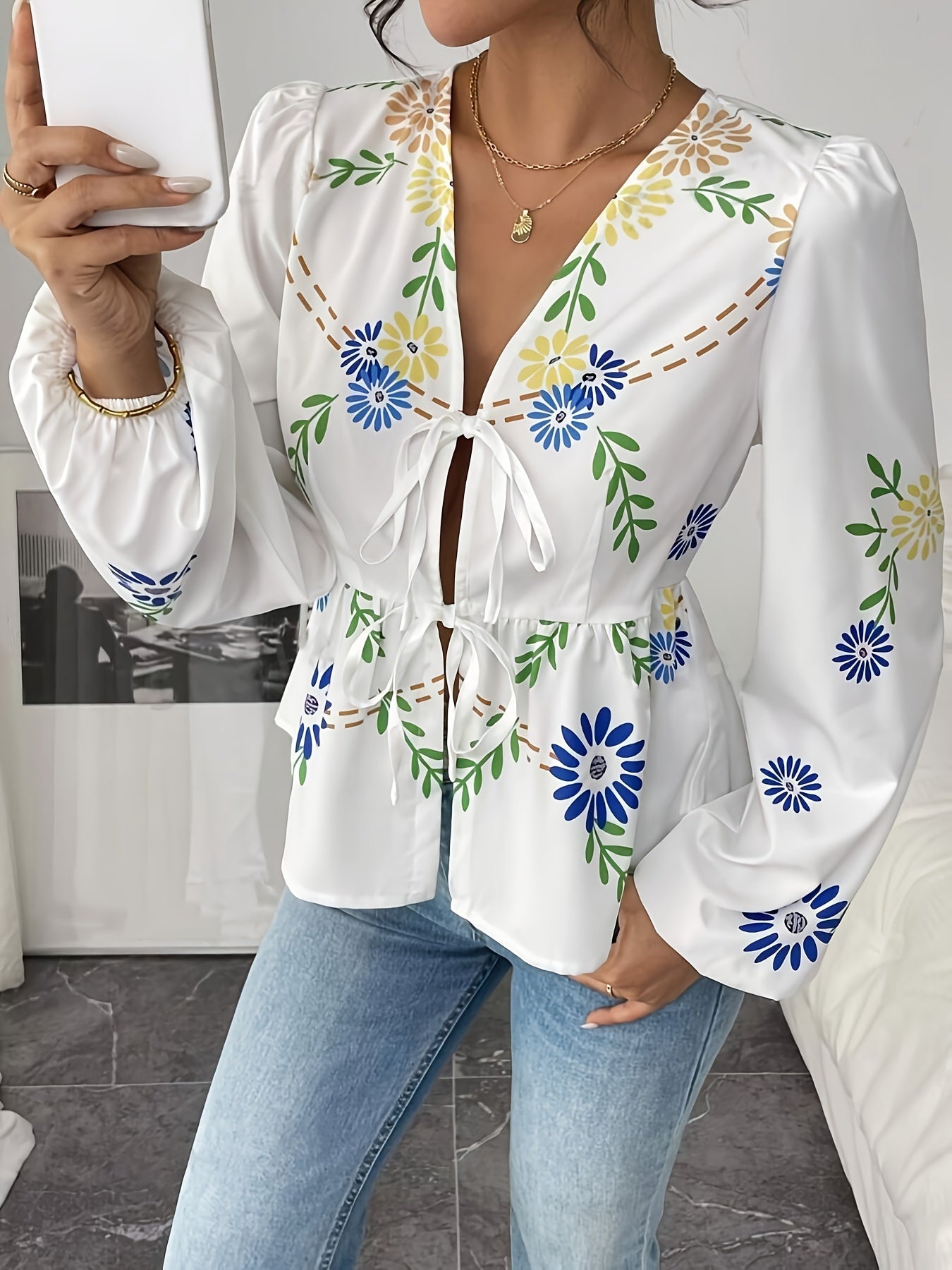 Floral Print V-Neck met Lantern Sleeves Dames Blouse | Duurzaam - Must-Have - Stijlvol & Comfortabel - Lente/Zomer/Herfst