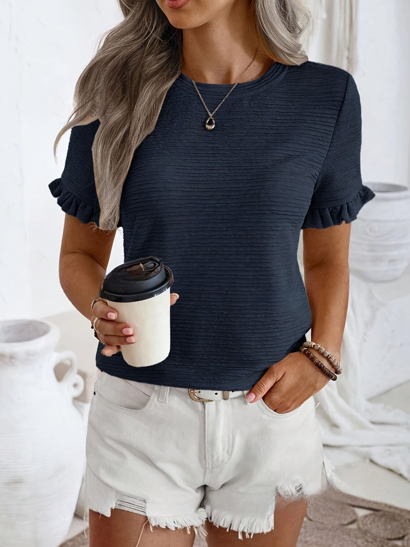 Korte Mouw T-shirt met Ruche | Dames Top in Effen Kleur - Ideaal voor Lente/Zomer