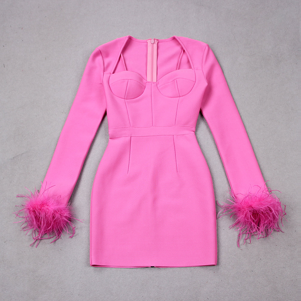 Jurk met lange mouwen en veren