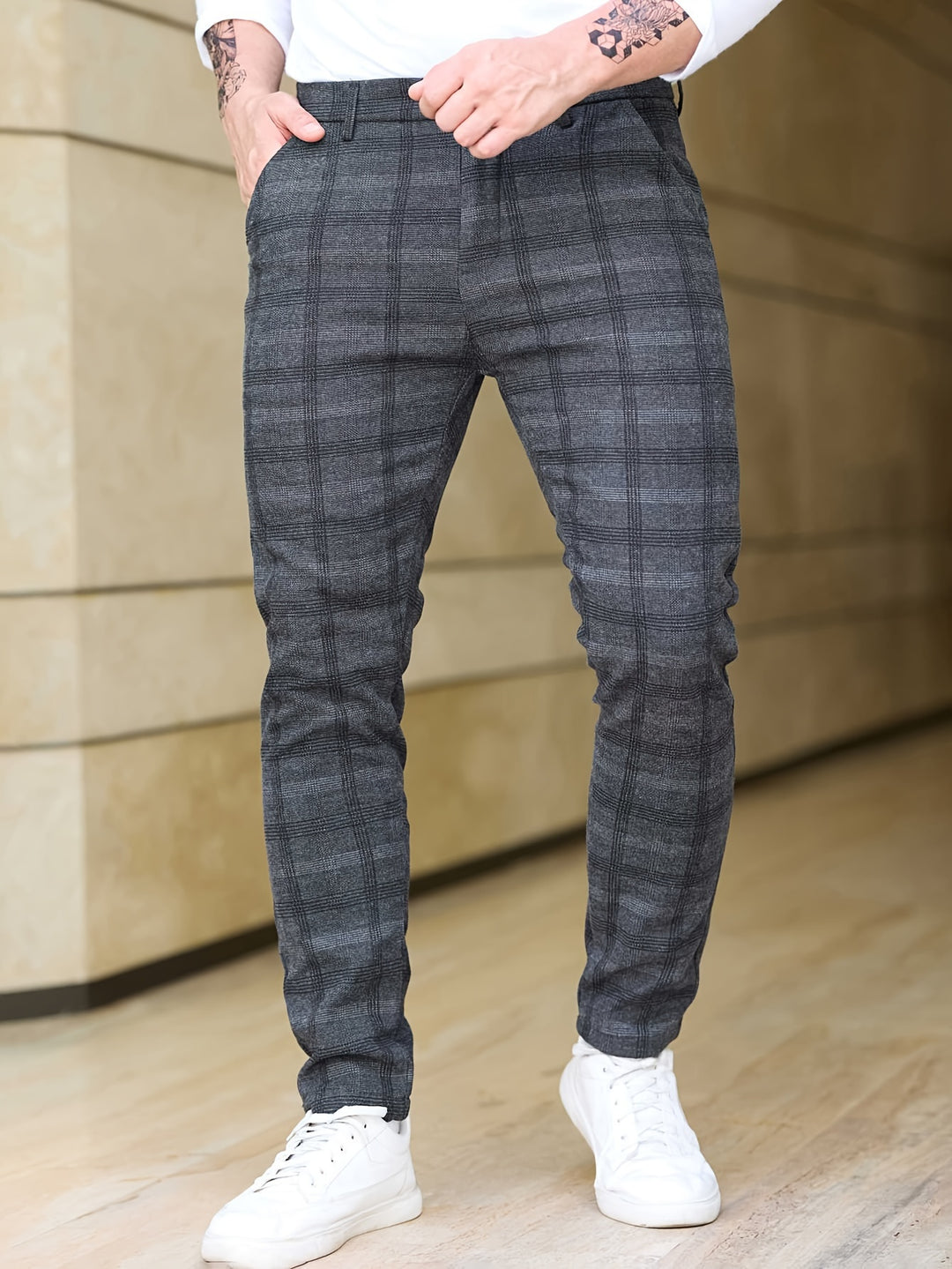 Heren Casual Slim Fit Broek, Skinny Stretch Pantalon, Geruite Pantalon