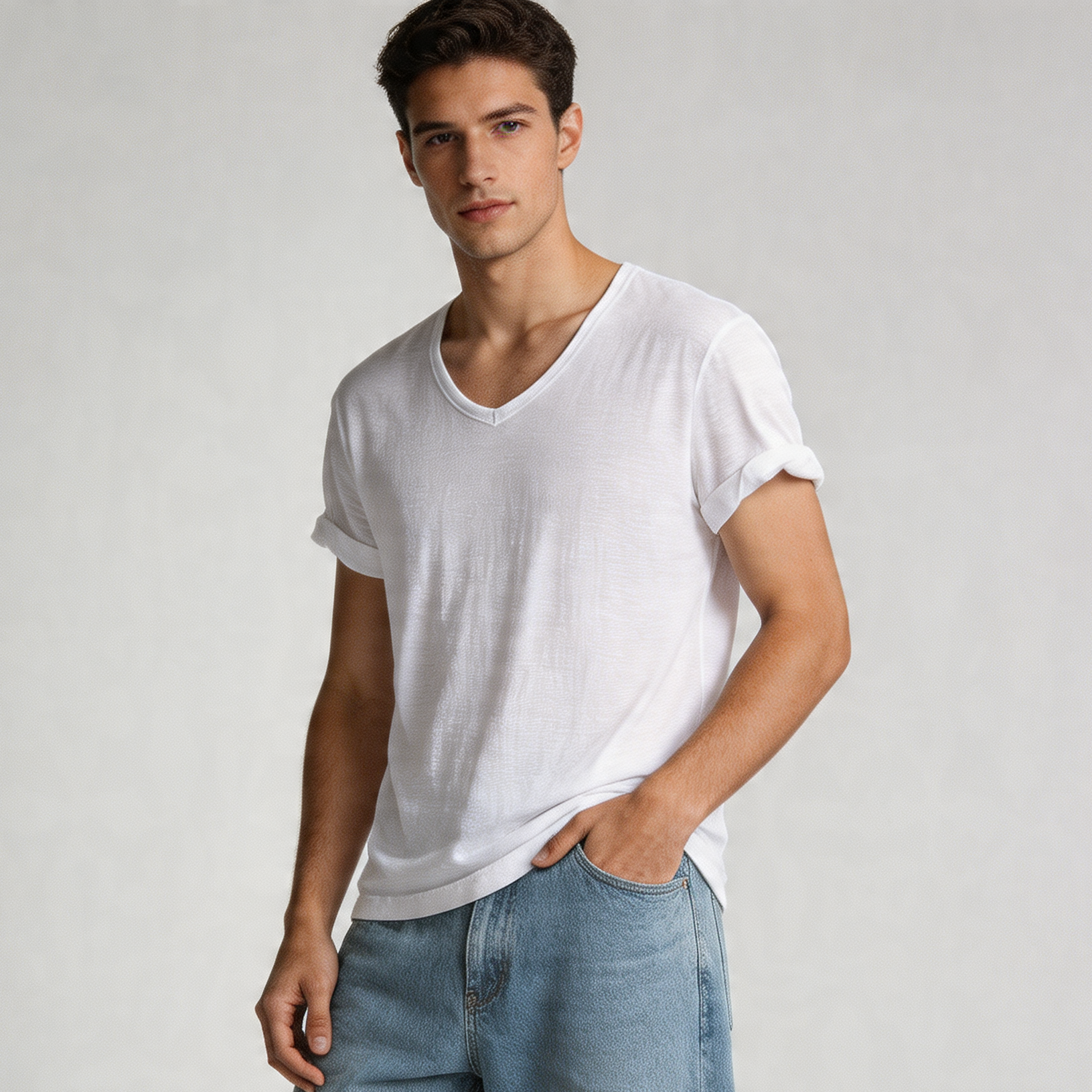 Heren V-Hals Shirt – Linnen Katoen T-Shirt met Ademende Slim Fit Pasvorm