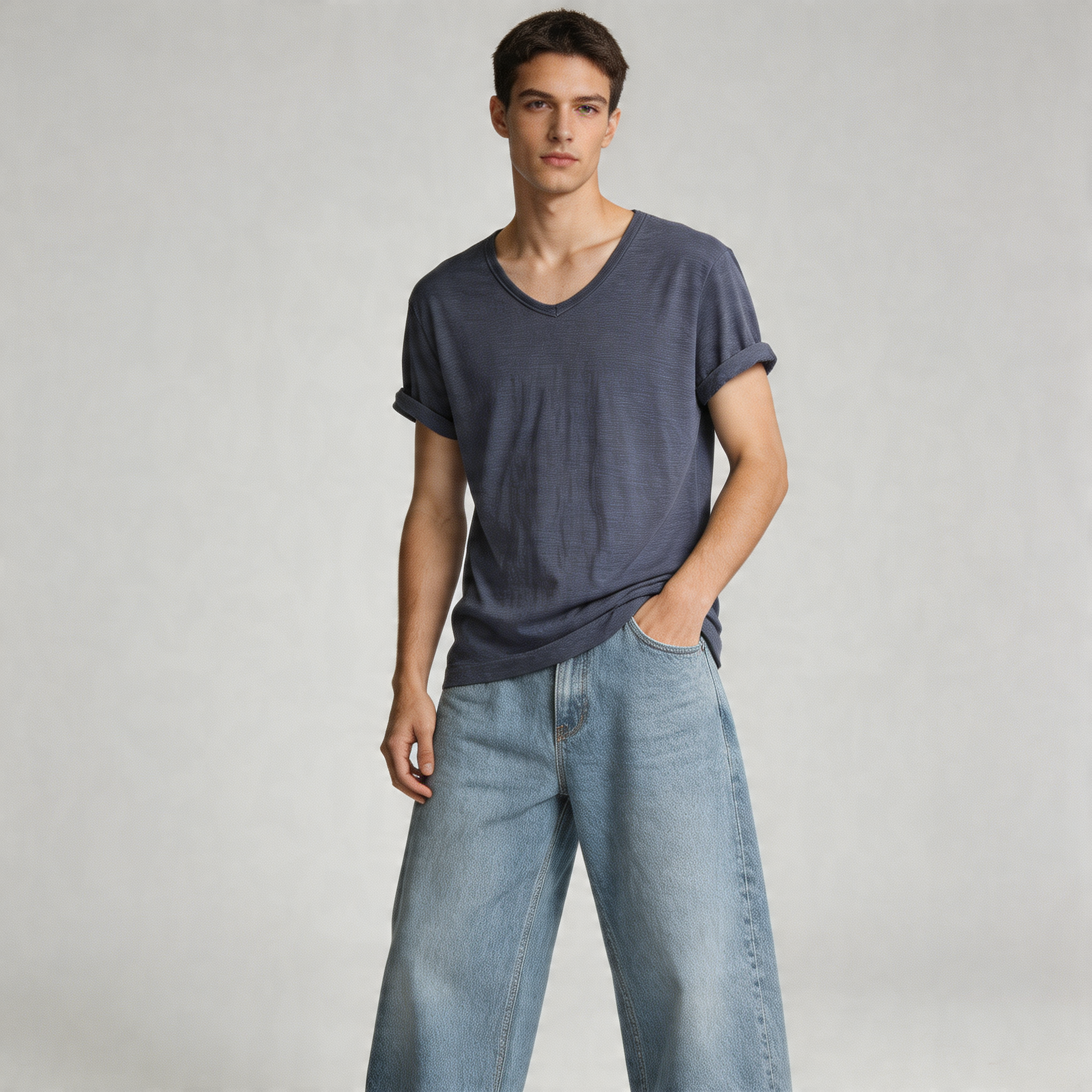 Heren V-Hals Shirt – Linnen Katoen T-Shirt met Ademende Slim Fit Pasvorm