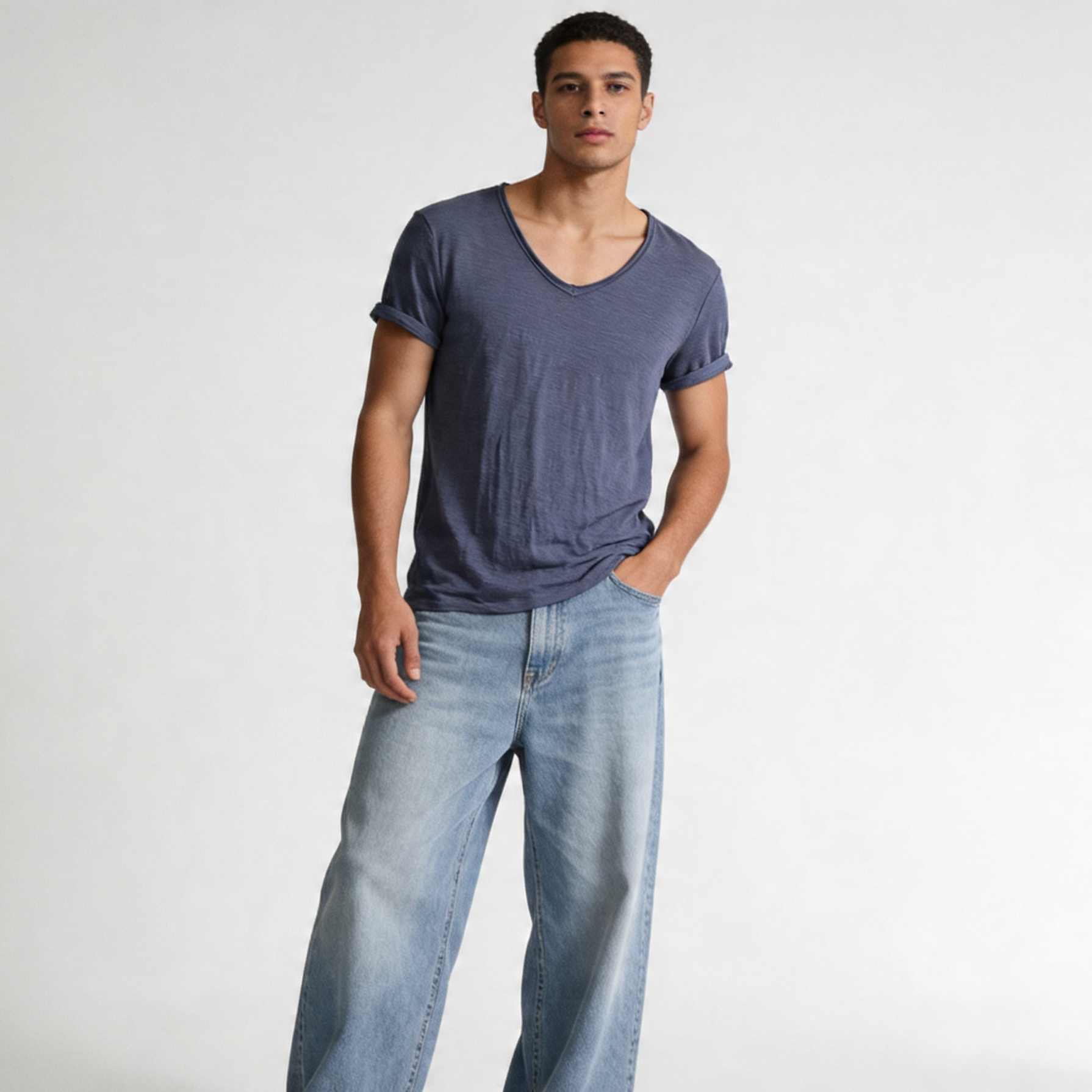 Heren V-Hals Shirt – Linnen Katoen T-Shirt met Ademende Slim Fit Pasvorm