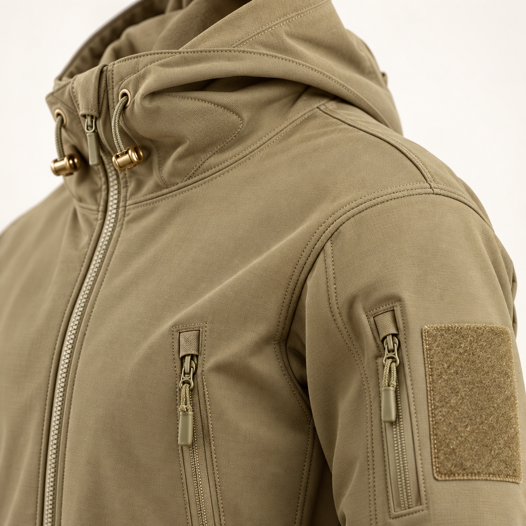 Close-up van de schouder, capuchon en rits van de Northpeak gevoerde jas