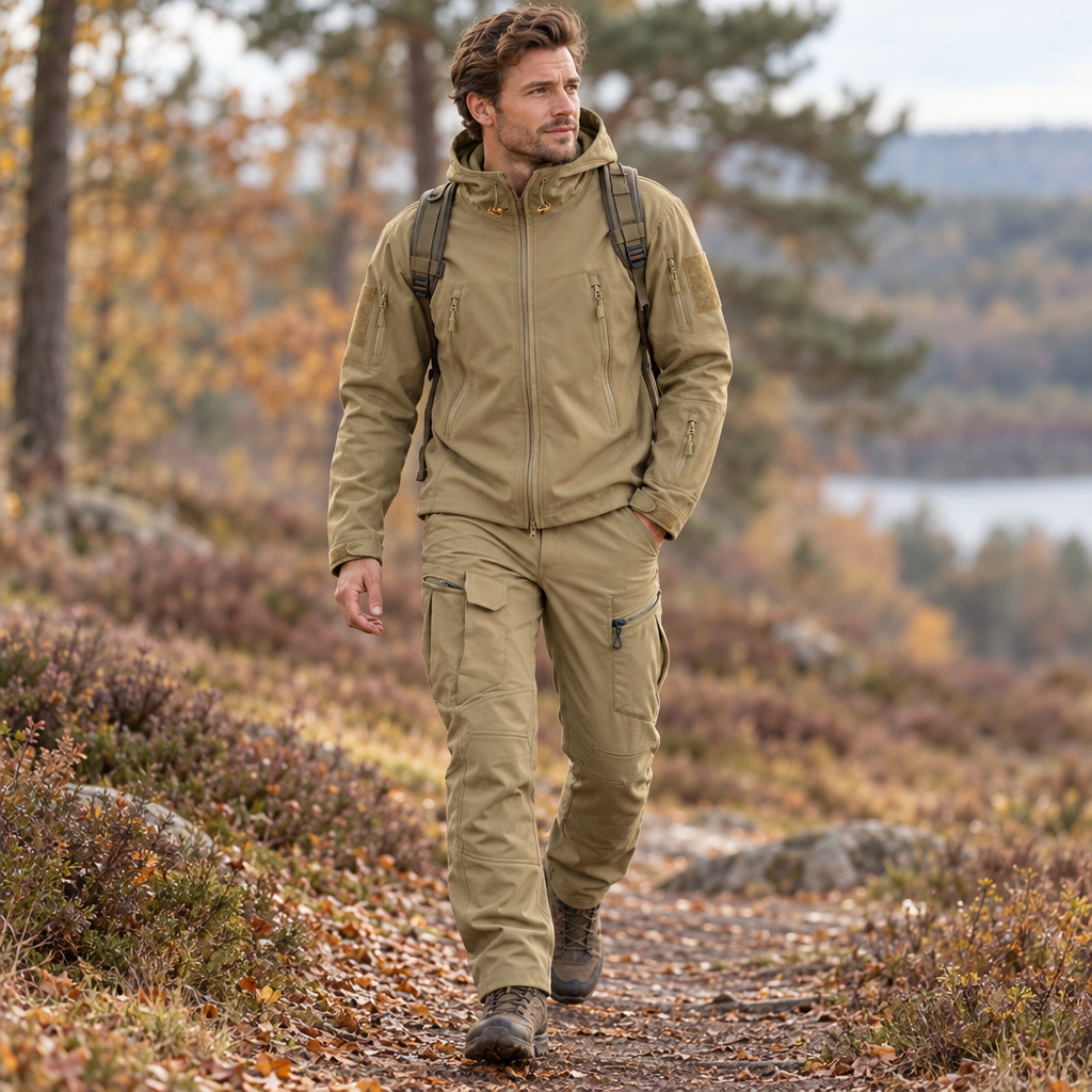 Northpeak outdoor set gedragen tijdens een wandeling in het bos