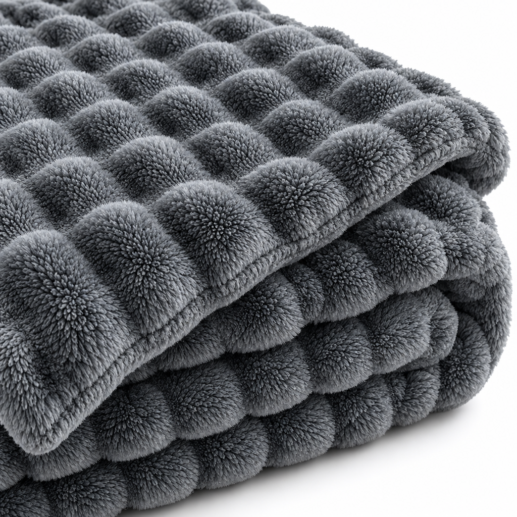 Close-up van de bolletjesstructuur van de Cozyna fleece plaid