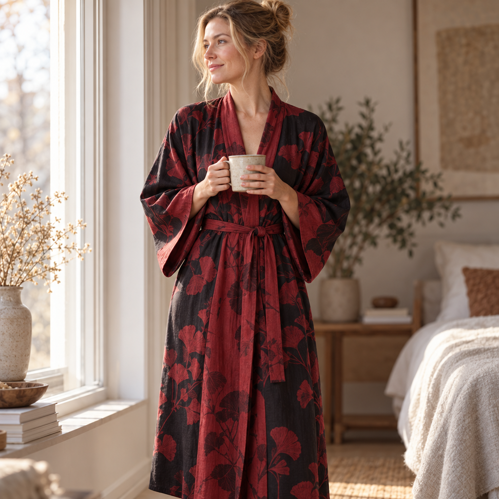 Hanaya kimono badjas gedragen thuis bij het raam met een kop koffie
