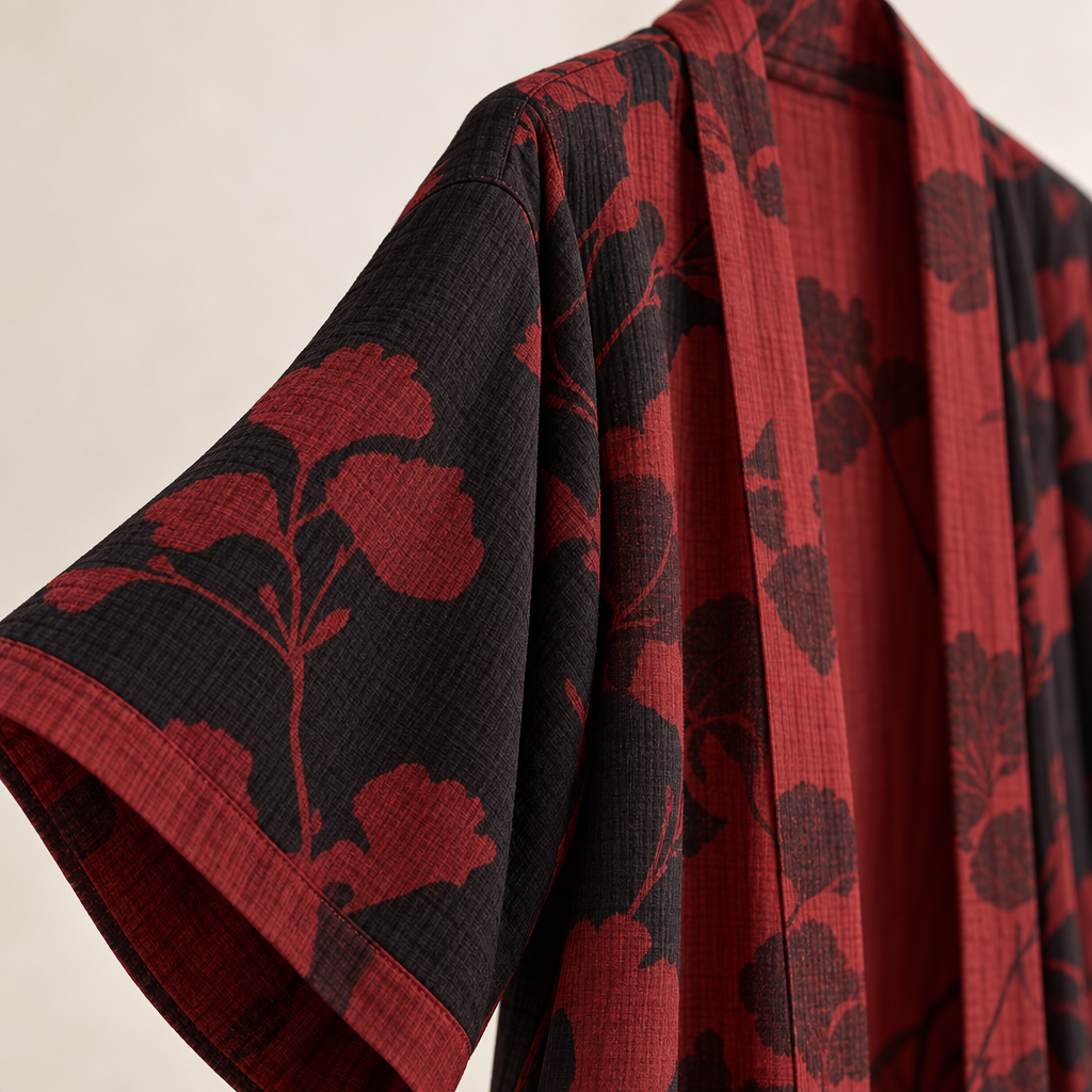 Close-up van de schouder, de wijde mouw en het bladmotief van de Hanaya kimono