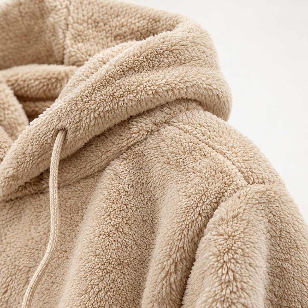 Close-up van de teddystof bij de schouder en capuchon van de Nuzzla hoodie