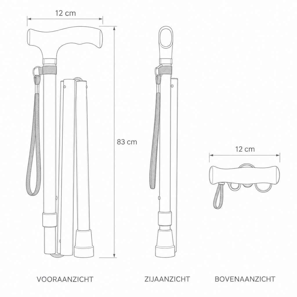 Technische tekening Stapvast wandelstok met afmetingen 83 x 12 cm