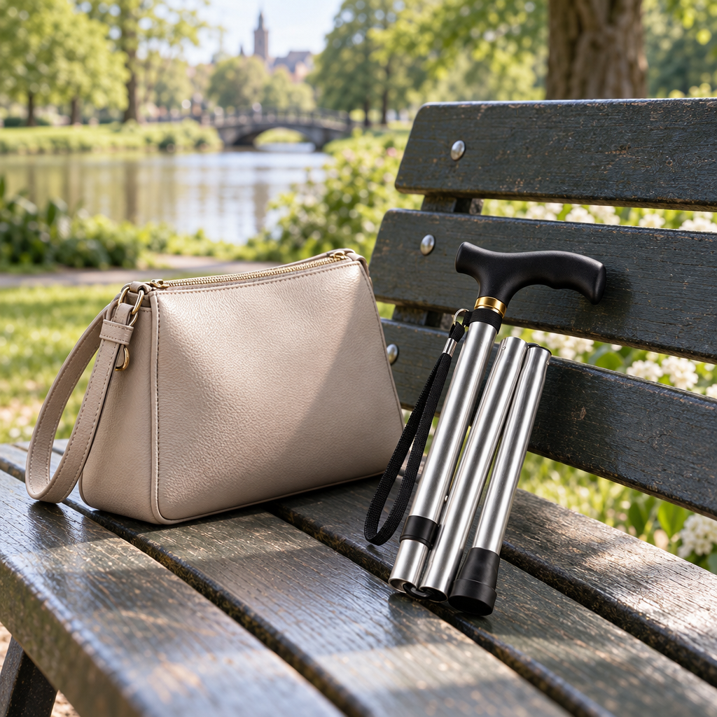 Stapvast wandelstok opgevouwen op een bankje in het park