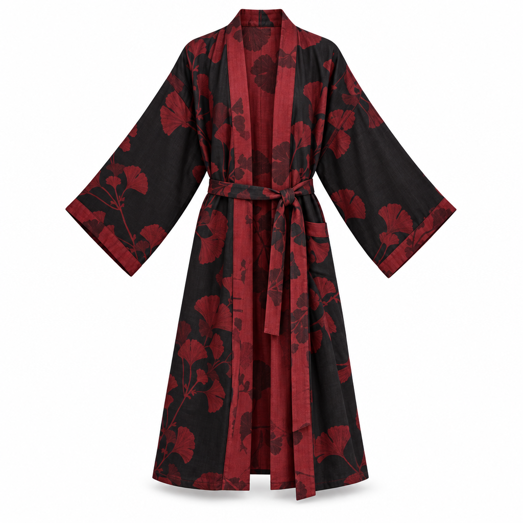 Hanaya kimono badjas van katoen met ginkgo bladmotief, packshot op witte achtergrond