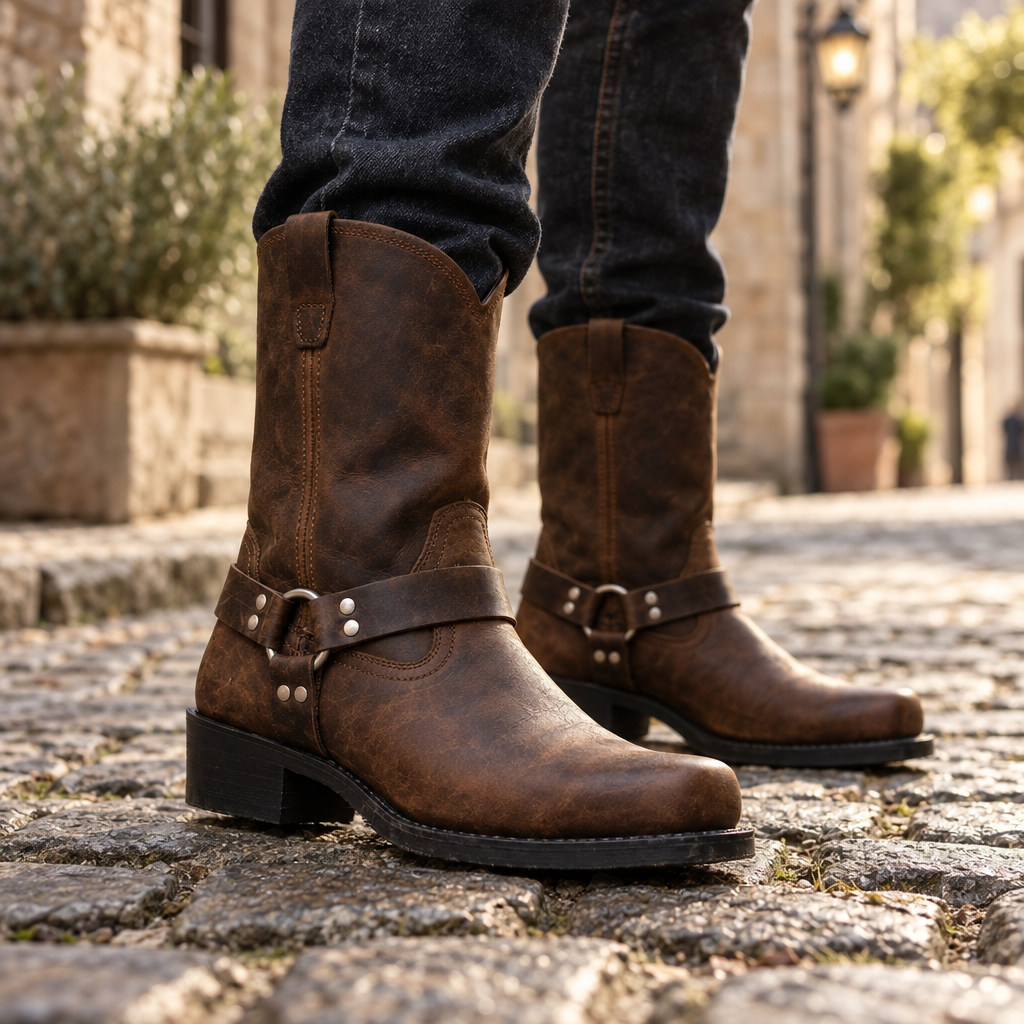 Navando western laarzen gedragen met jeans op straat