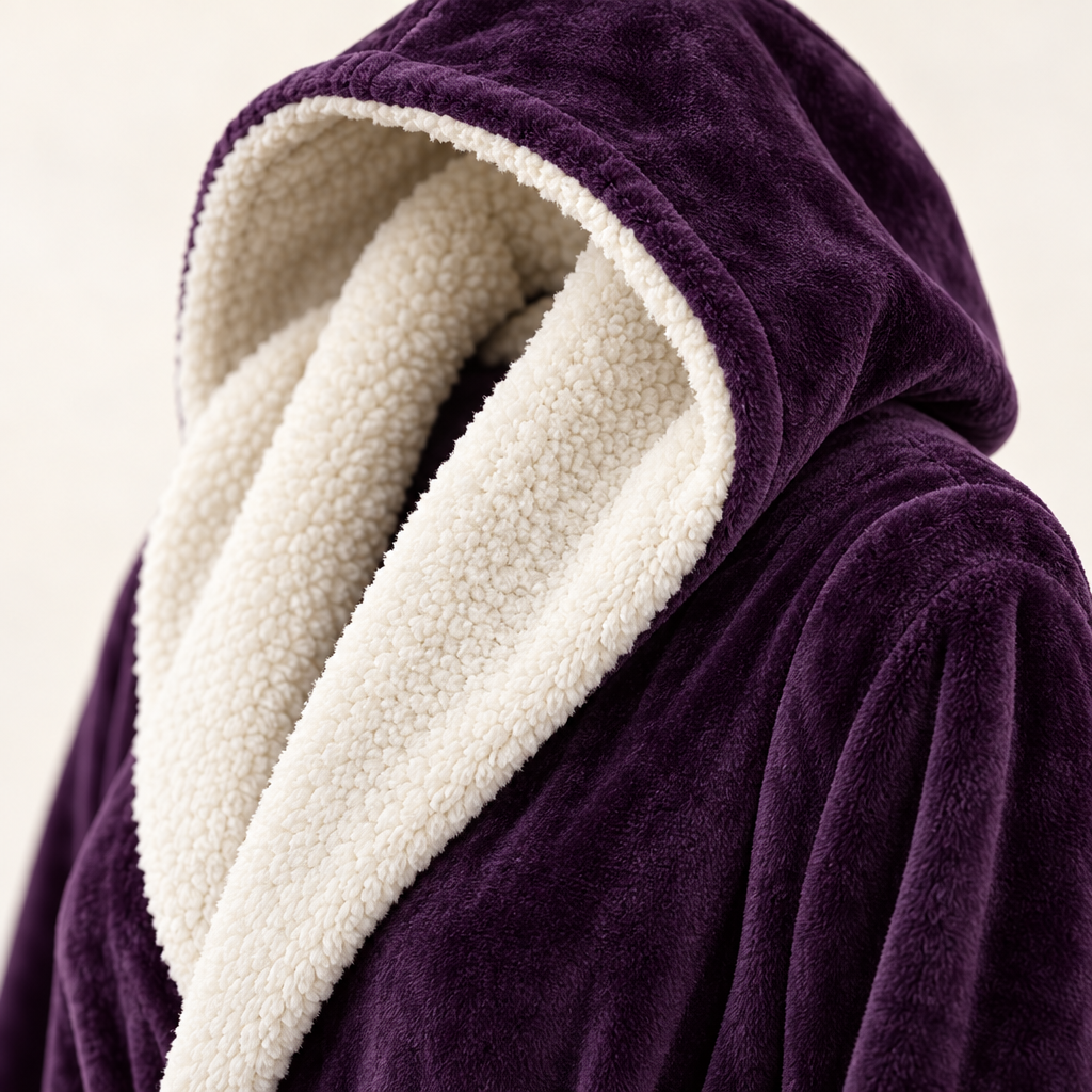 Close-up van de capuchon en de zachte flanelstof van de Velvetta badjas