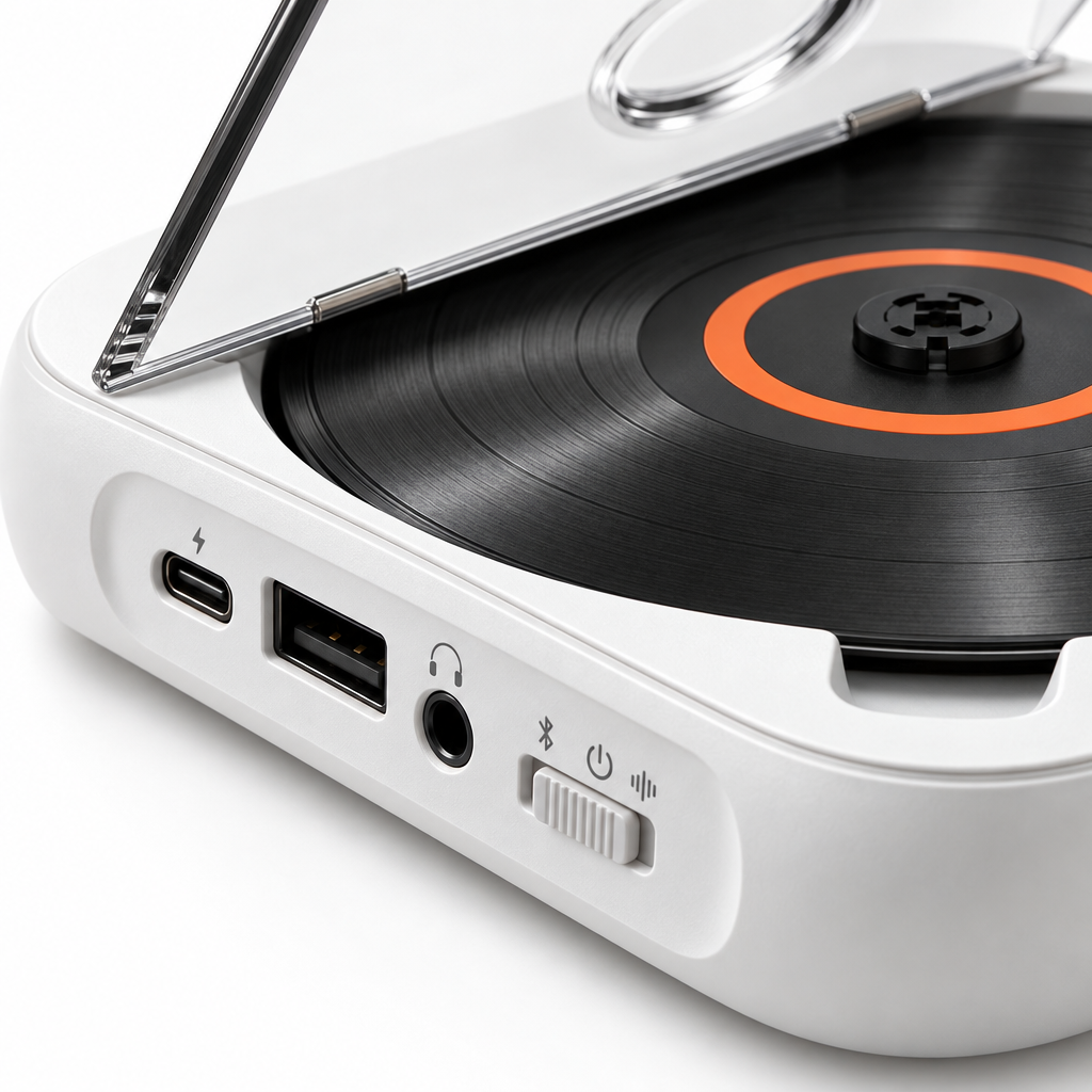 Detail van de knoppen en de USB-C en 3,5 mm aansluiting van de Navando CD-speler
