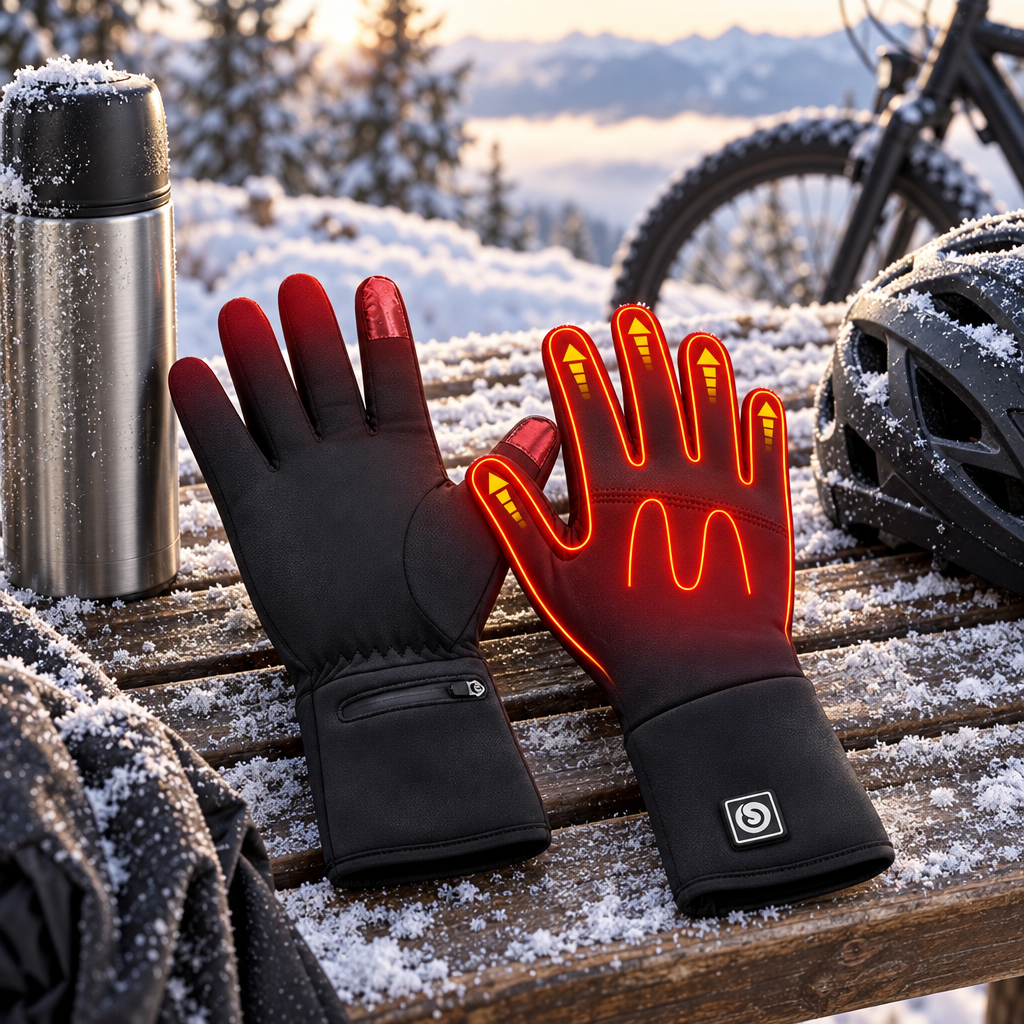 Warmora verwarmde handschoenen op een bankje op een winterochtend