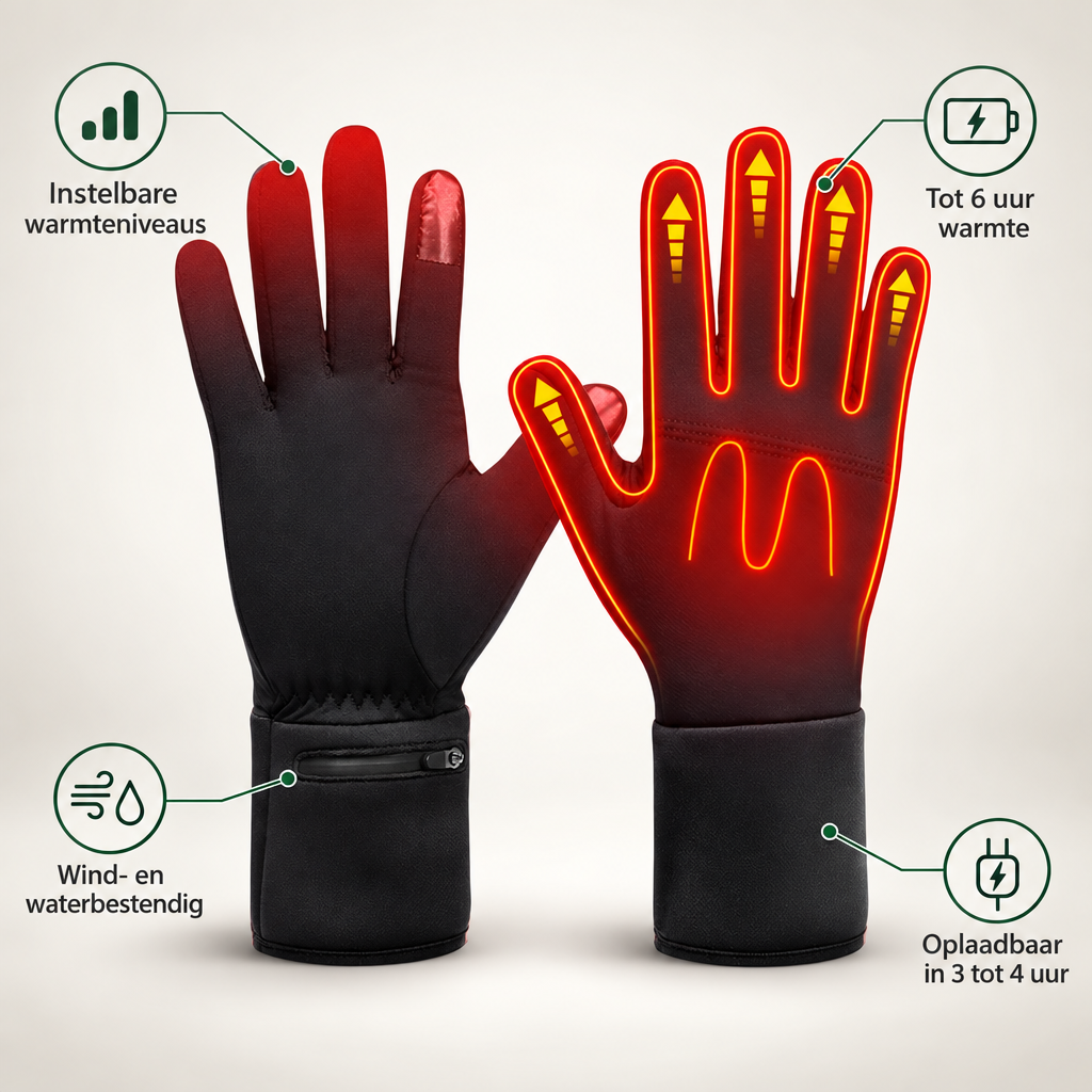 Kenmerken Warmora handschoenen: instelbare warmteniveaus, tot 6 uur warmte, wind- en waterbestendig, oplaadbaar in 3 tot 4 uur
