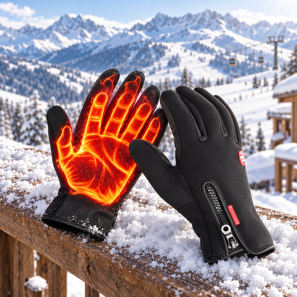 Thermiq verwarmde handschoenen op een besneeuwde reling in de bergen