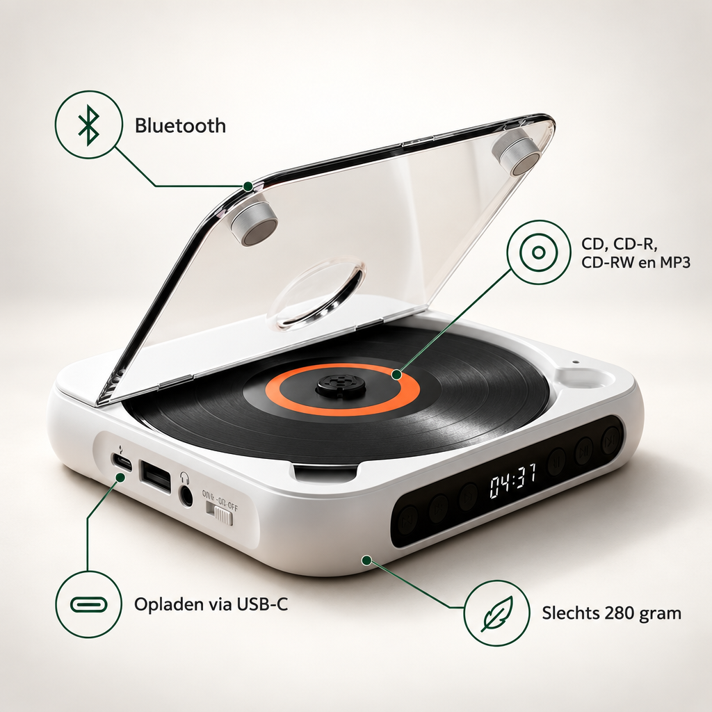 Kenmerken Navando CD-speler: Bluetooth, CD, CD-R, CD-RW en MP3, slechts 280 gram, opladen via USB-C