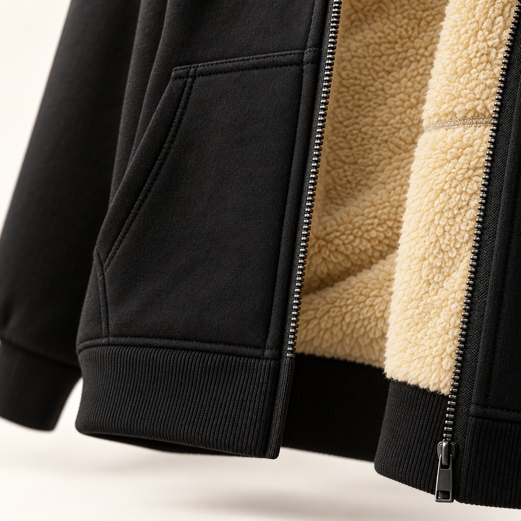 Detail van de zoom, de zak en de rits van de Bramwell hoodie