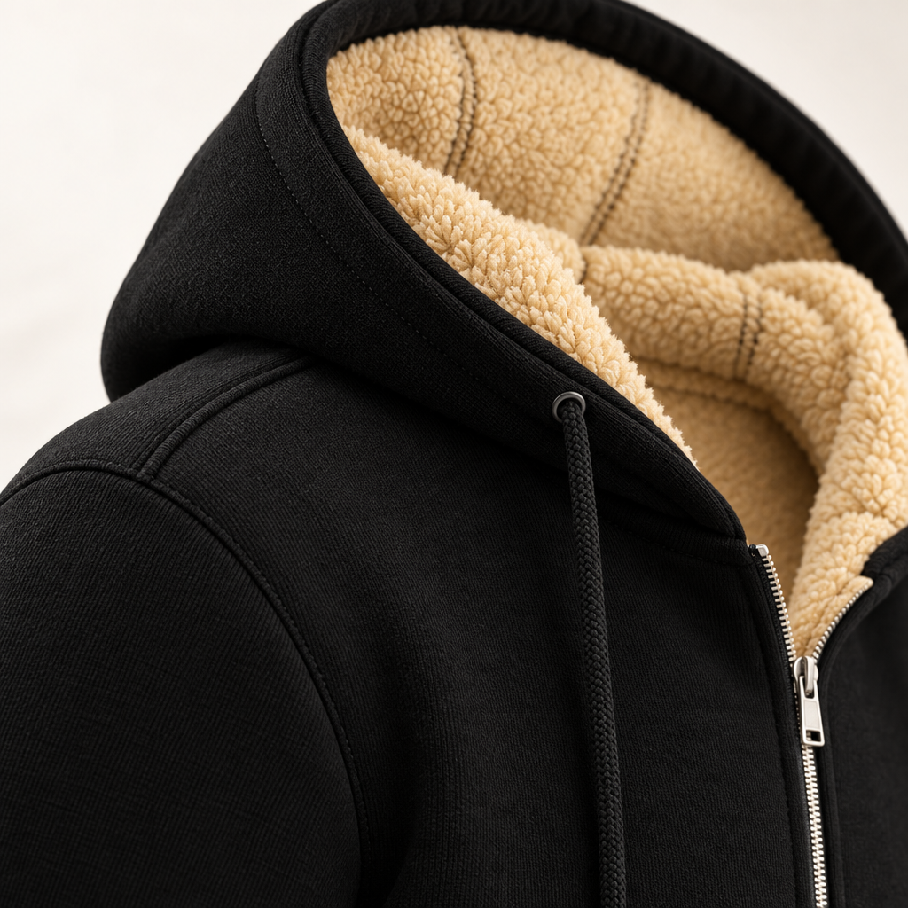 Close-up van de capuchon, de rits en de zachte voering van de Bramwell hoodie